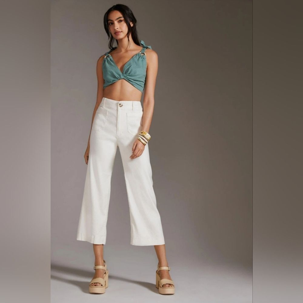 Maeve Colette Crop Linen Pants, Wide Leg, White Size 32